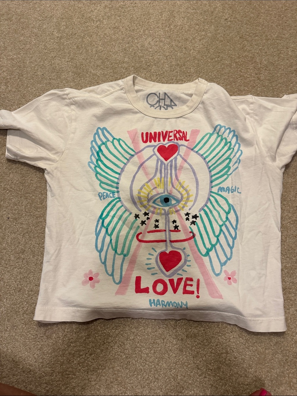 Chaser White Tee with Turquoise Wings and Pink Red Accents